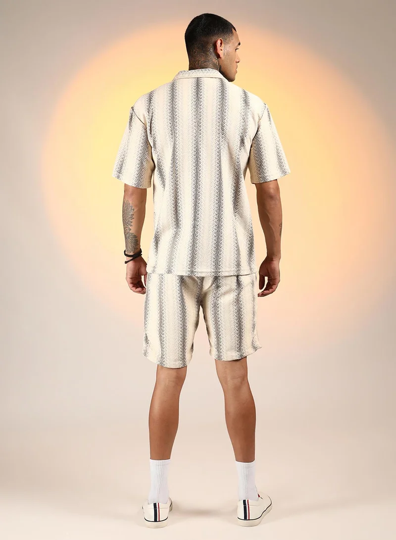 CAHOOT  Men's Ivory White & Midnight Black Texture-Striped Co-Ord Set For Casual Wear | Spread Collar | Short Sleeve | Button Closure | Co-Ords Crafted With Comfort Fit For Everyday Wear for Men | Best Price UAE